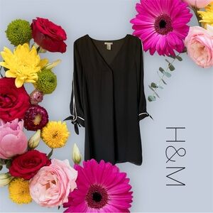H&M Women’s Black Smock Dress With White-Trimmed Sleeves and knotted Cuffs